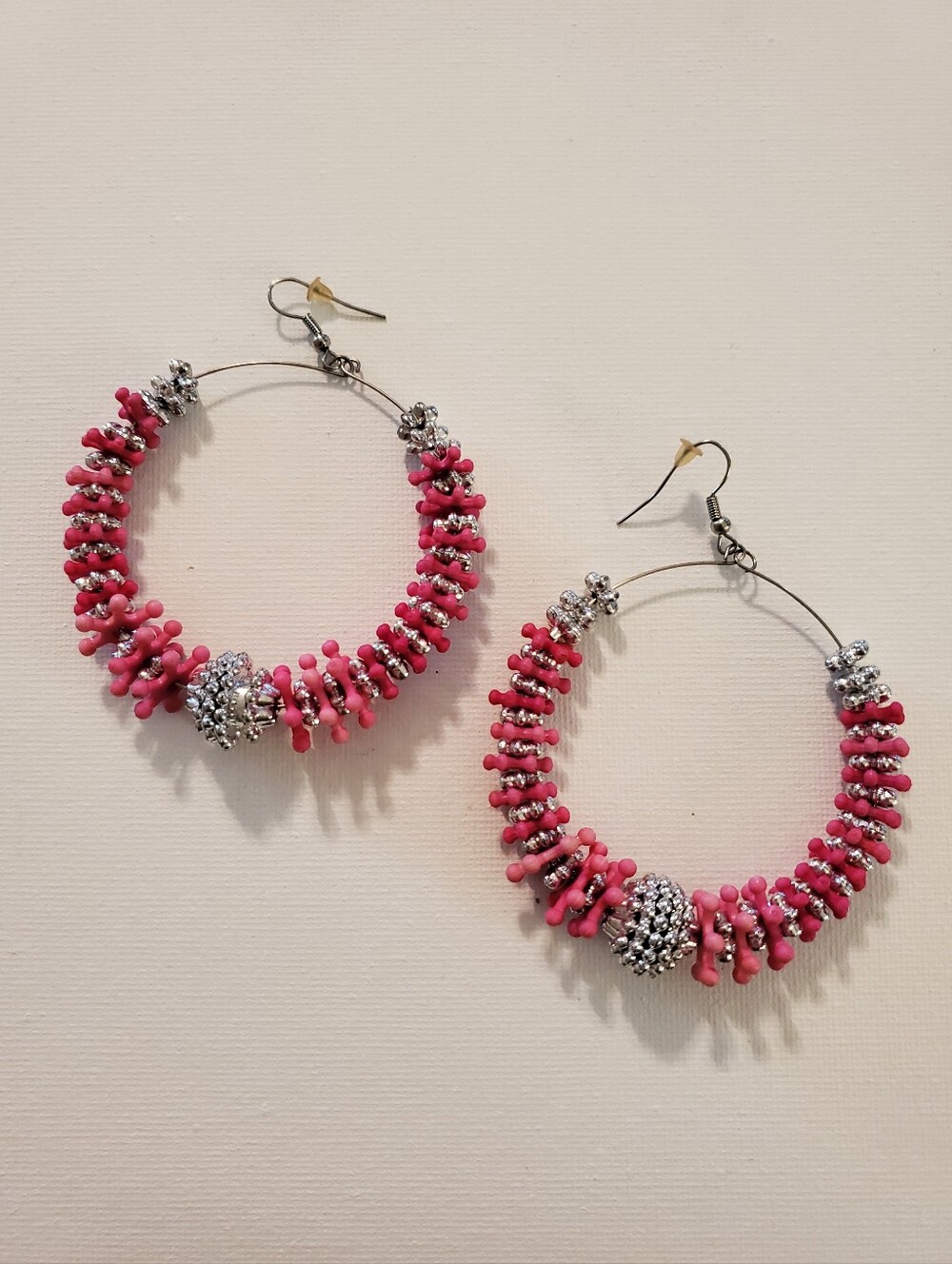 Pink Beaded Hoop Earrings with Silver Accents - Women Jewelry‎